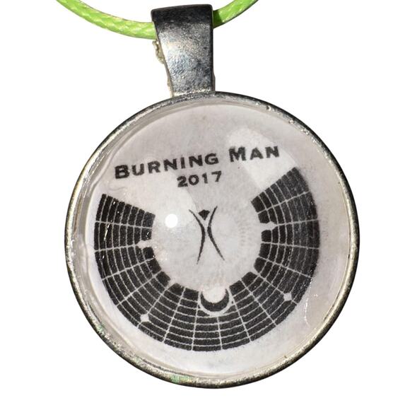 Burning Man 2017 Pendant Necklace Glass Cabochon Map Logo Green Cord Silver Tone - Picture 1 of 4
